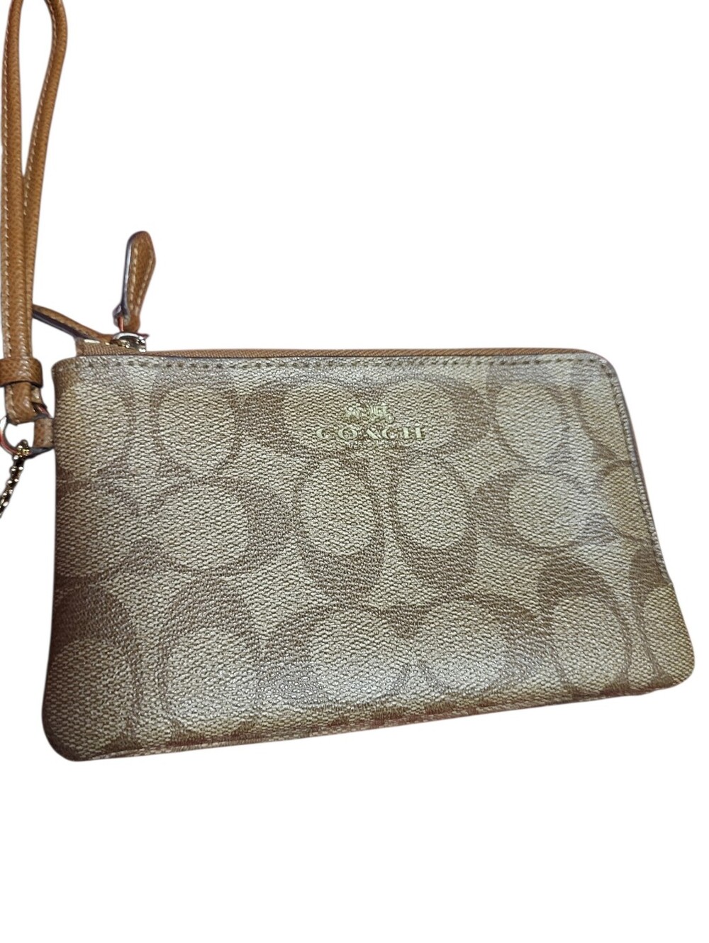 Coach Double Zip Khaki/Tan Signature Canvas Wristlet with Leather Strap